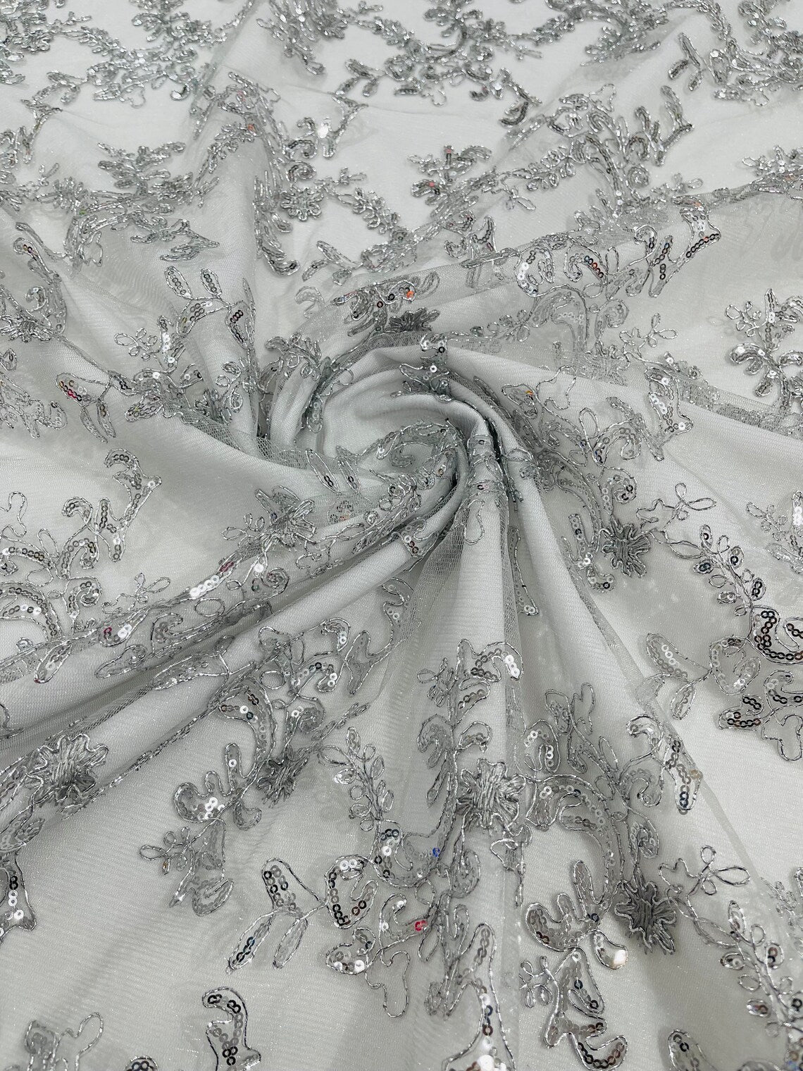 Floral Sequins Lace Fabric - Silver - Embroidery Flower Clusters Design with Shiny Sequins  Fabric Sold By Yard