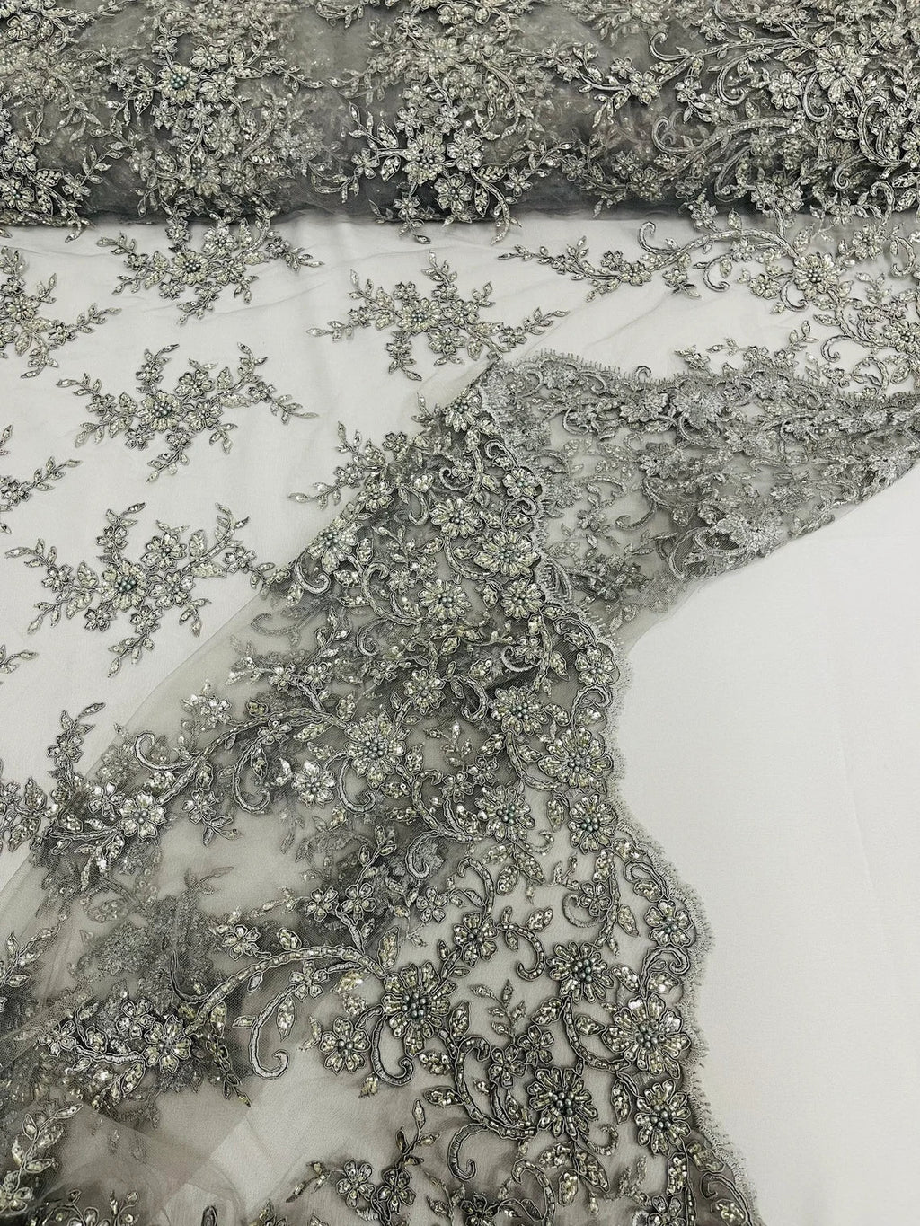 Beaded Floral Cluster - Silver - Fancy Embroidered Glamorous Floral Design Sold by Yard