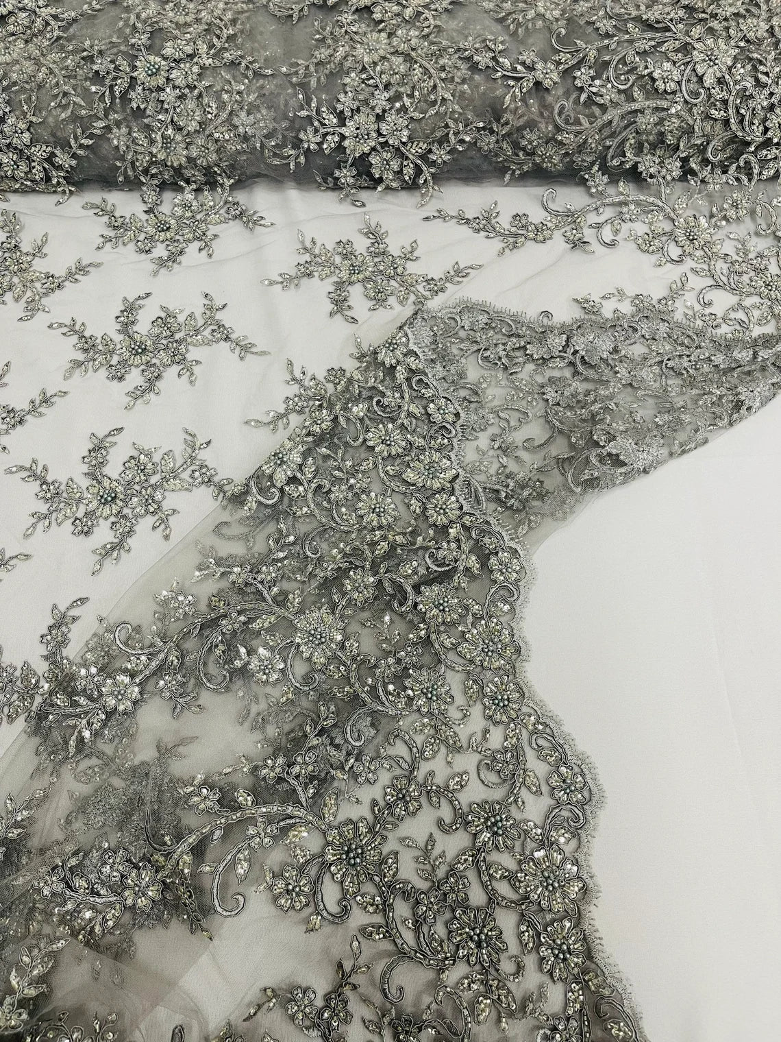 Beaded Floral Cluster - Silver - Fancy Embroidered Glamorous Floral Design Sold by Yard