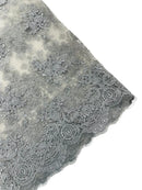 Floral Damask Lace Fabric - Silver - Embroidered Damask Flowers on Lace Fabric By Yard