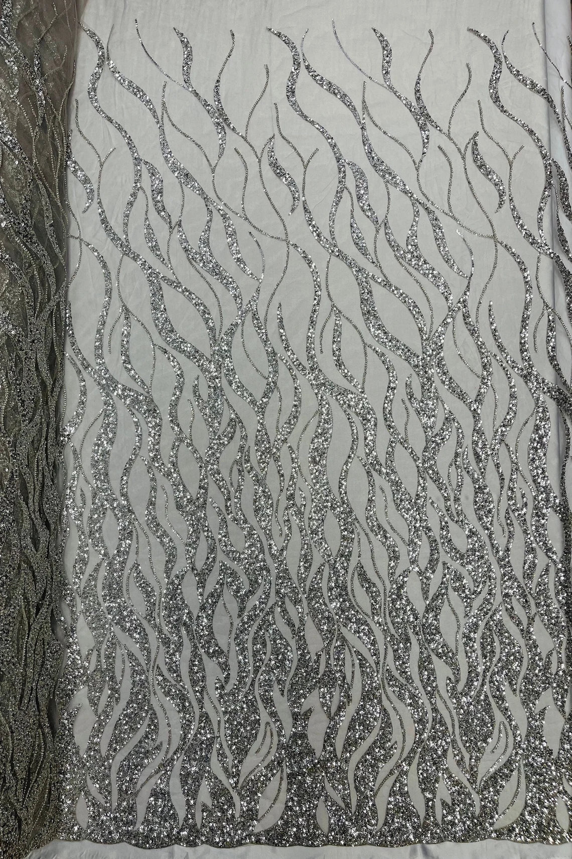 Fire Flames Design Bead Fabric - Silver - Beaded Embroidered Fire Pattern Fabric By Yard