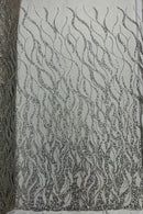 Fire Flames Design Bead Fabric - Silver - Beaded Embroidered Fire Pattern Fabric By Yard