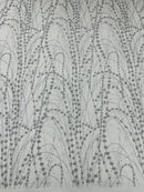 Tulle Glitter Fancy Line Fabric - Silver - Tulle Fabric with Sparkle Glitter Design Sold By Yard