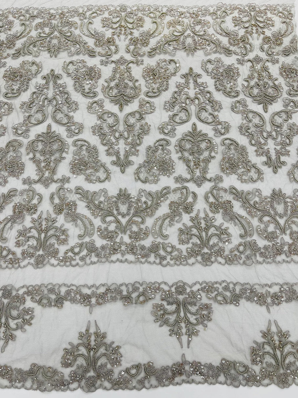 Beaded My Lady Damask Design - Silver - Beaded Fancy Damask Embroidered Fabric By Yard