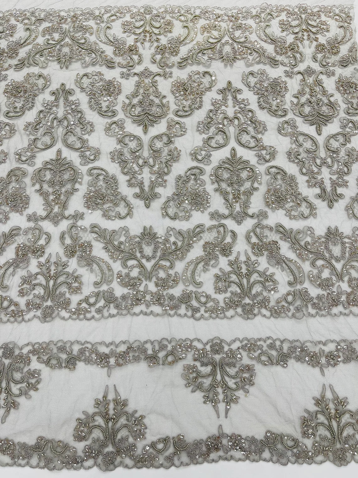 Beaded My Lady Damask Design - Silver - Beaded Fancy Damask Embroidered Fabric By Yard