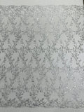 Metallic Thread Leaf Design - Silver - Embroidered Leaf With Sequins Design on Mesh Lace Fabric by the Yard