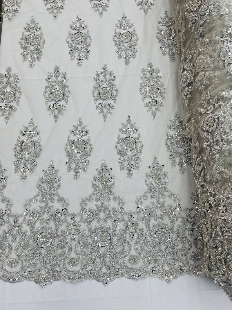 Floral Bead Embroidery Fabric - Silver - Damask Floral Bead Bridal Lace Fabric by the yard