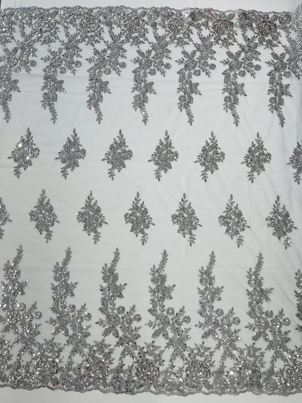 Beaded Rose Flower Fabric - Silver - Embroidered Beaded Long Border Floral Fabric By Yard