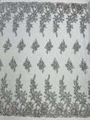 Beaded Rose Flower Fabric - Silver - Embroidered Beaded Long Border Floral Fabric By Yard