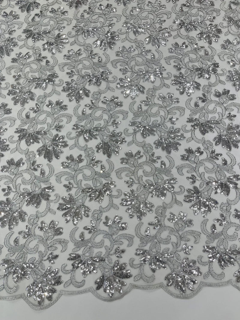 Metallic Sequins Design - Silver - Embroidered Metallic Thread Leaf Pattern Sequins Fabric By Yard