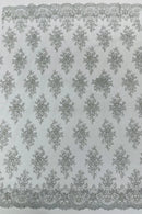 Floral Pearl Bead Fabric - Silver - Flower Design with Beads and Sequins Fabric Sold By Yard