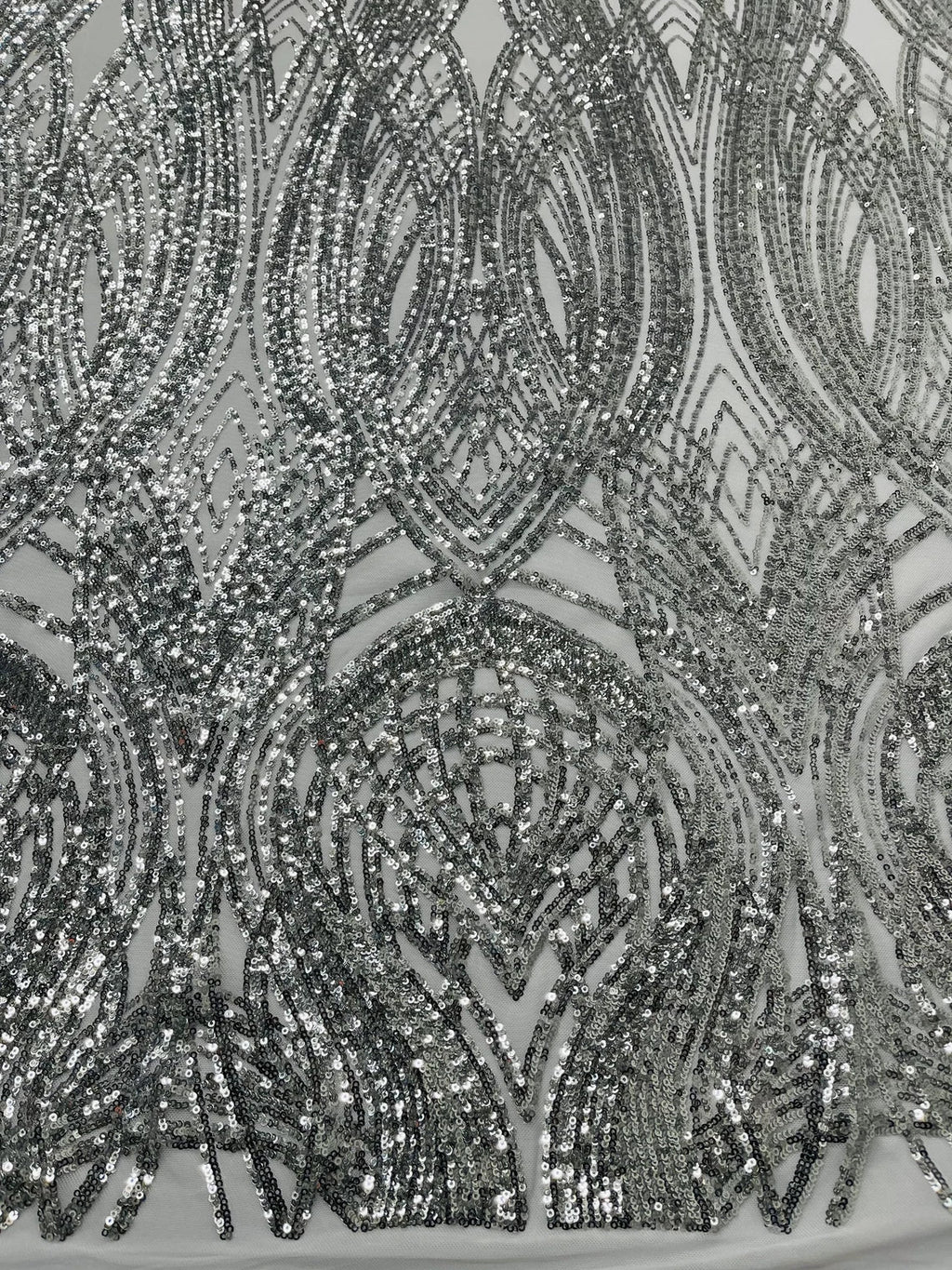 Long Wavy Pattern Sequins - Silver - 4 Way Stretch Sequins Fabric Line Design By Yard