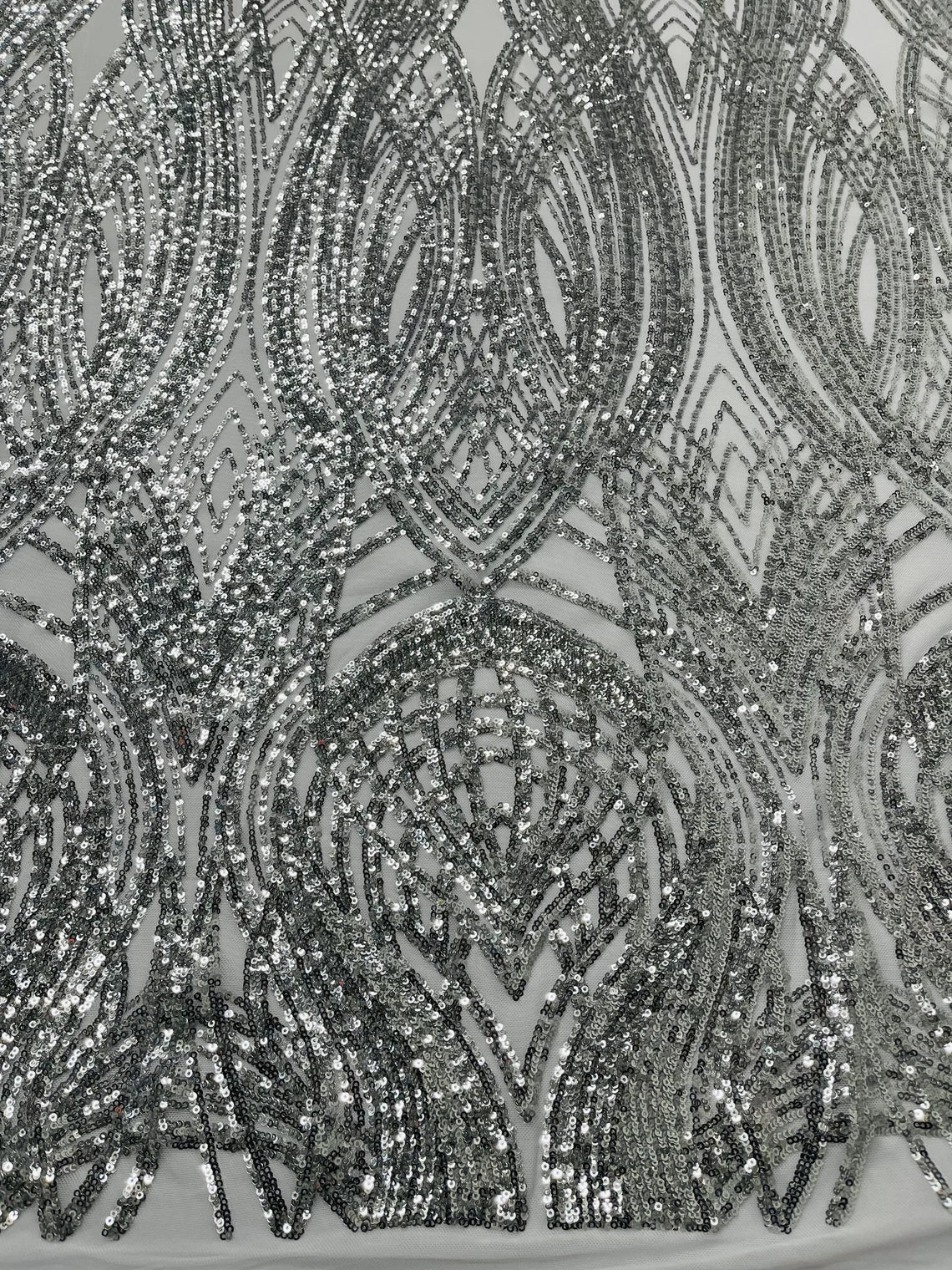 Long Wavy Pattern Sequins - Silver - 4 Way Stretch Sequins Fabric Line Design By Yard