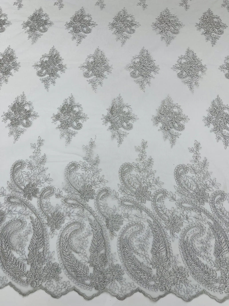 Metallic Corded Lace - Silver - Paisley Floral Fabric with Metallic Thread on a Mesh Lace By Yard