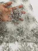 Beaded Flower Cluster Fabric - Silver - Beaded Floral Gaviota Design Embroidered On Mesh Sold By Yard