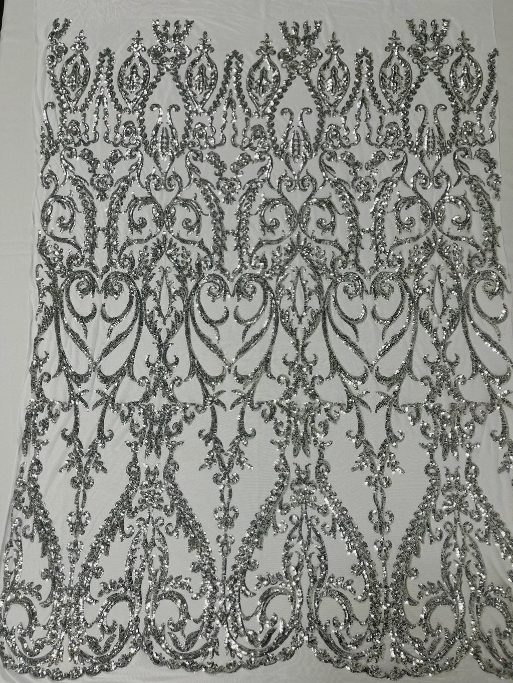 4 Way Stretch - Silver - Sequins Damask Design Fabric Embroidered On Mesh Sold By The Yard
