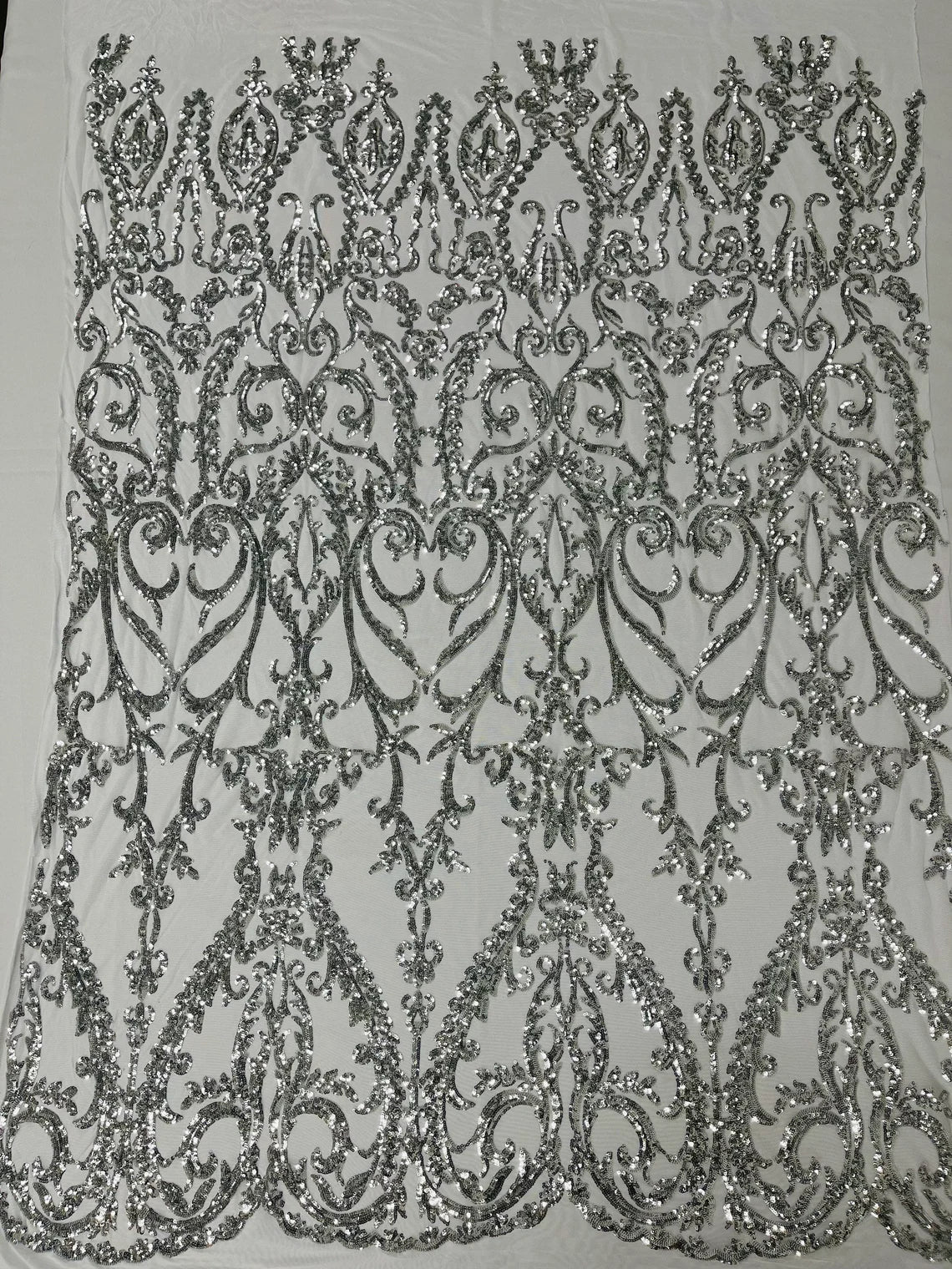 4 Way Stretch - Silver - Sequins Damask Design Fabric Embroidered On Mesh Sold By The Yard
