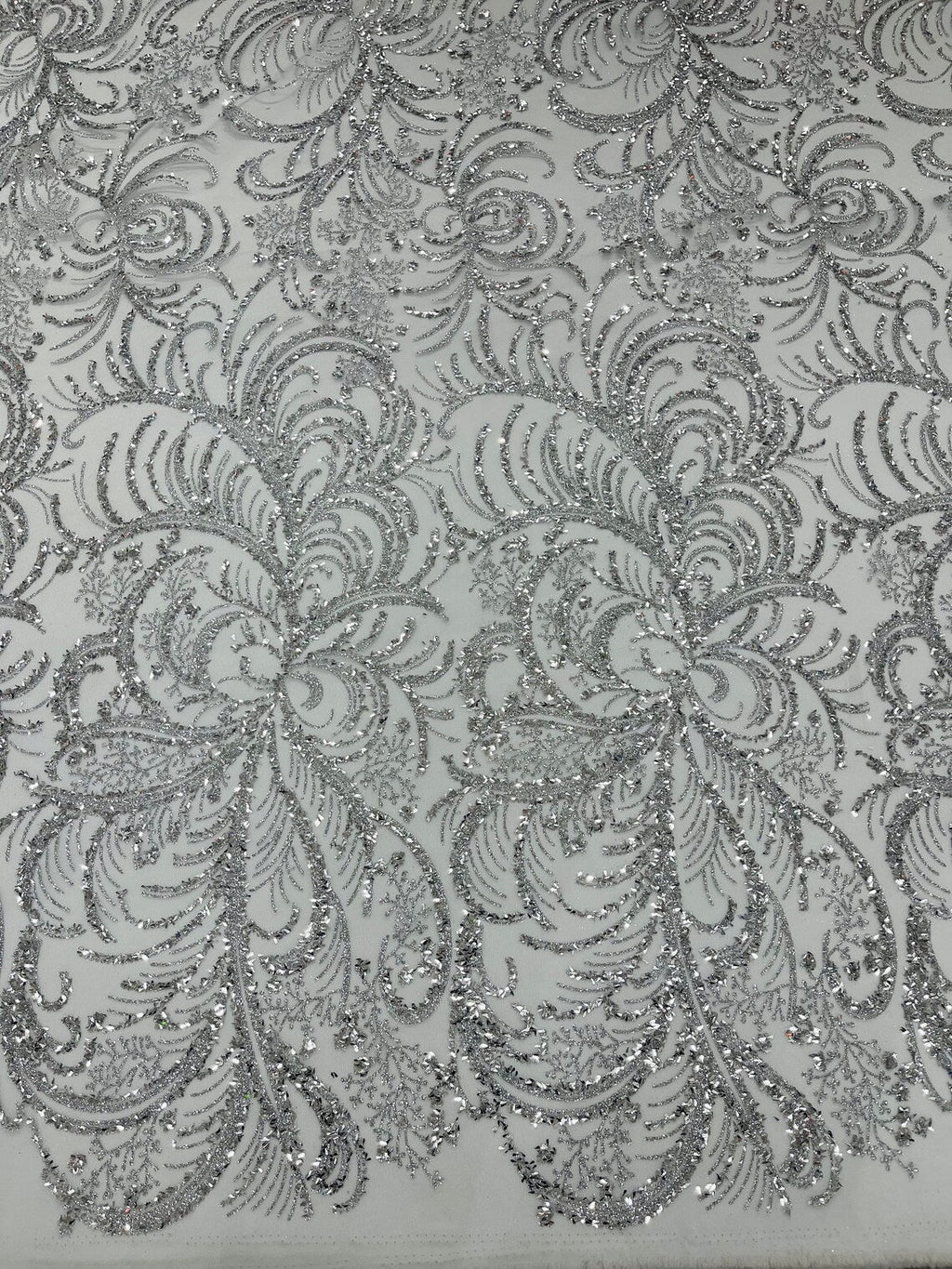 Glitter Palm Leaf Design Fabric - Silver - Tulle Mesh Glitter Leaf Design Fabric Sold By Yard