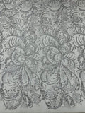 Glitter Palm Leaf Design Fabric - Silver - Tulle Mesh Glitter Leaf Design Fabric Sold By Yard