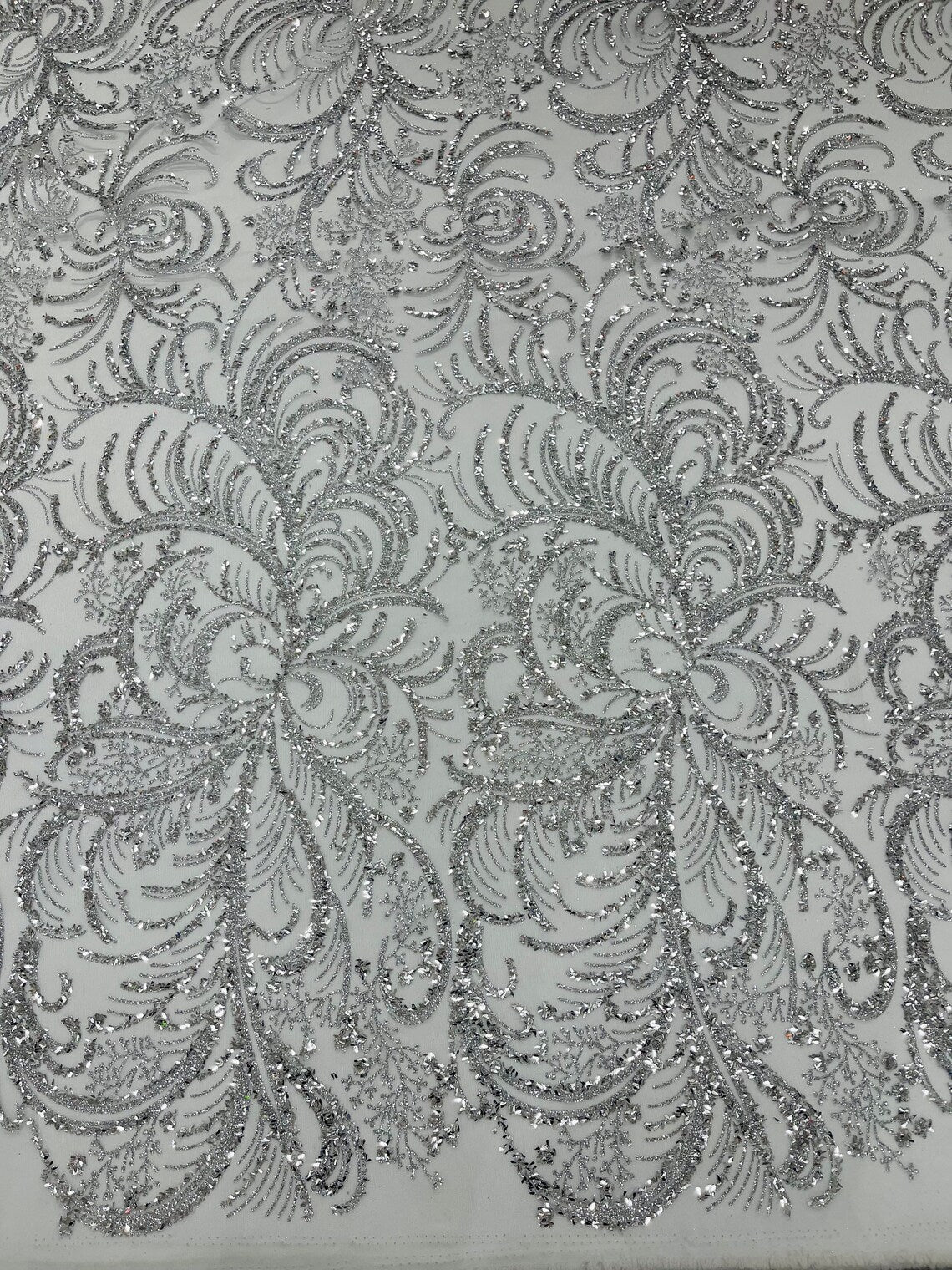 Glitter Palm Leaf Design Fabric - Silver - Tulle Mesh Glitter Leaf Design Fabric Sold By Yard