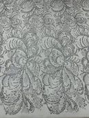 Glitter Palm Leaf Design Fabric - Silver - Tulle Mesh Glitter Leaf Design Fabric Sold By Yard