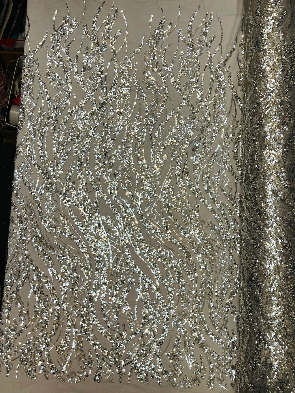 Floral Beaded Wavy Fabric - Silver - Beaded Sequins Wavy Embroidered Fabric Sold By Yard