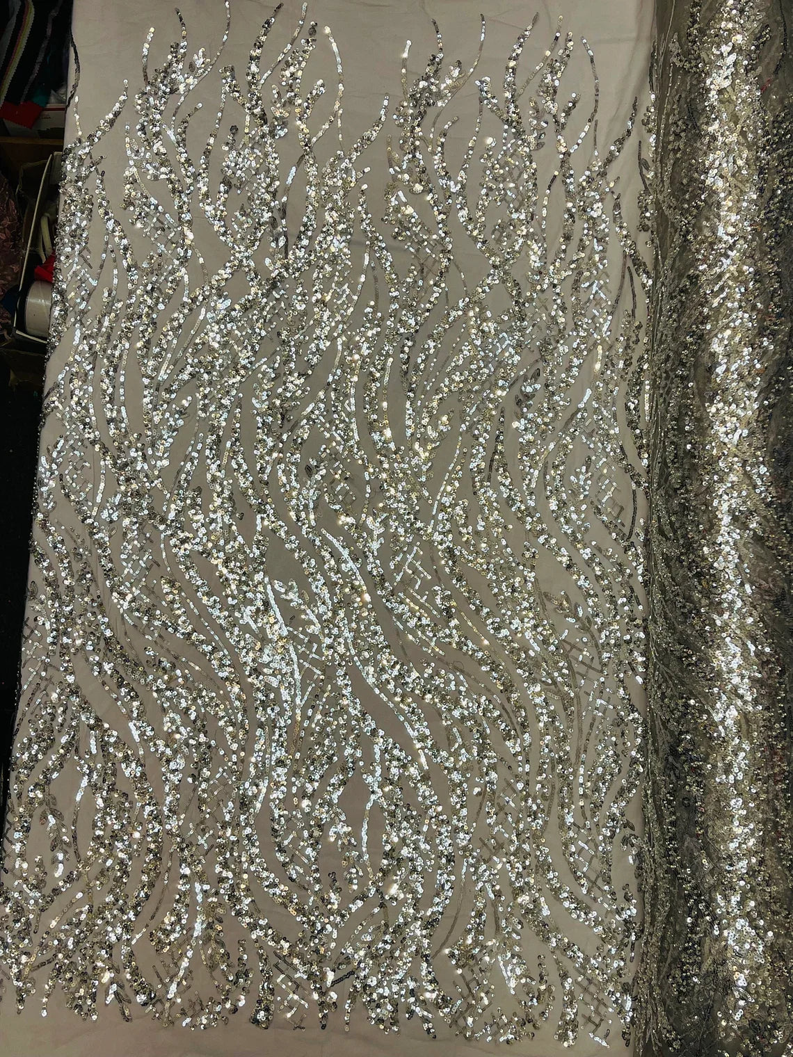 Floral Beaded Wavy Fabric - Silver - Beaded Sequins Wavy Embroidered Fabric Sold By Yard