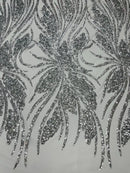 Wavy Leaf Sequins Fabric - Silver - Wavy Lines and Leaves Design on Lace Mesh Fabric by Yard