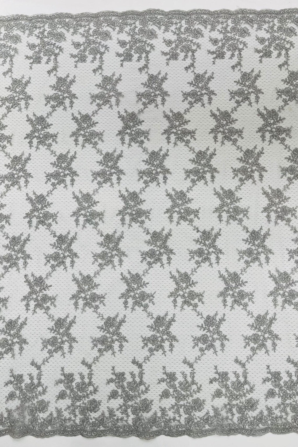Embroidered Corded Lace Fabric - Silver - Cluster Fancy Flower Embroidered Lace Fabric By Yard