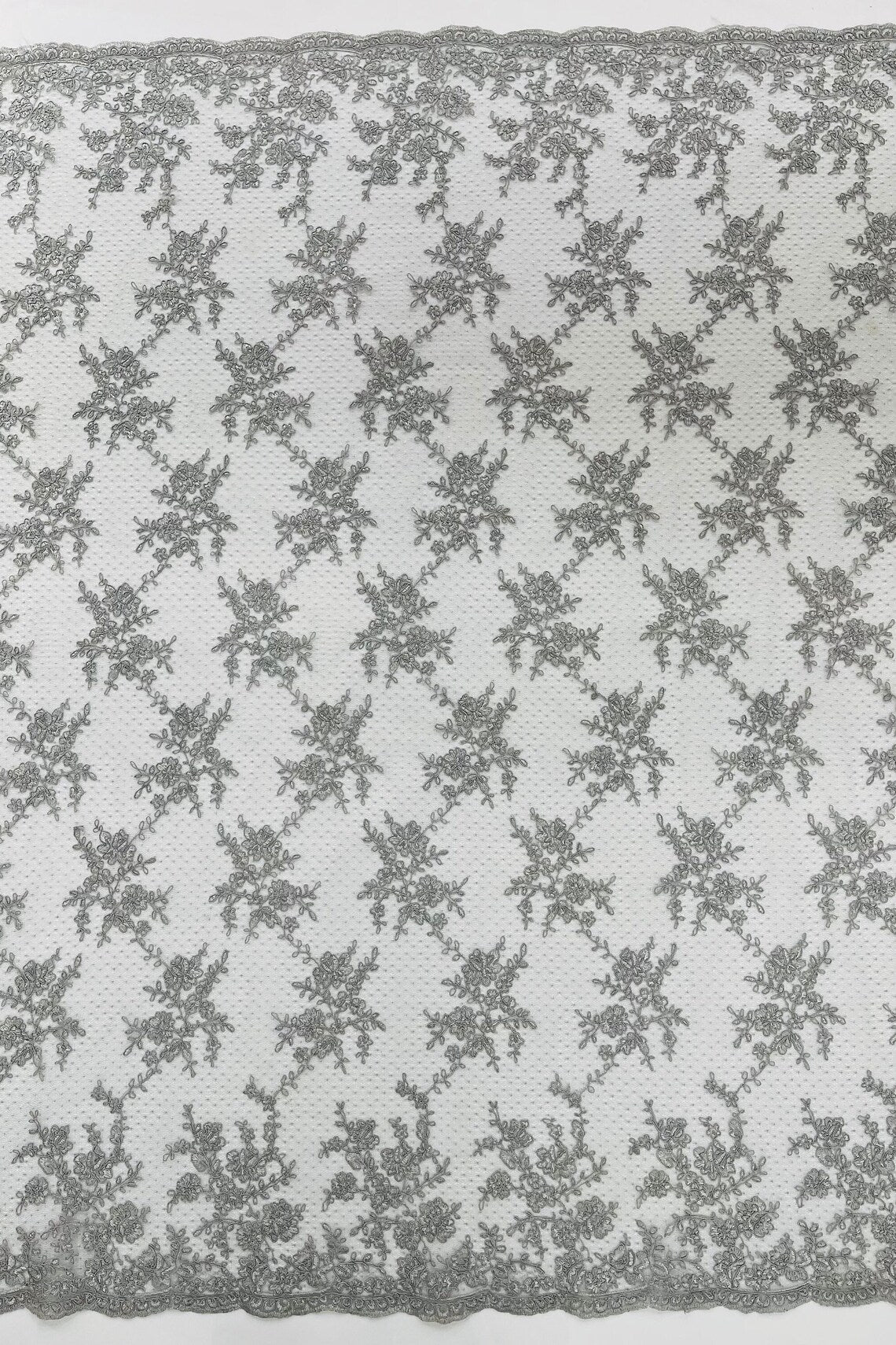 Embroidered Corded Lace Fabric - Silver - Cluster Fancy Flower Embroidered Lace Fabric By Yard