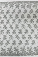 Embroidered Corded Lace Fabric - Silver - Cluster Fancy Flower Embroidered Lace Fabric By Yard