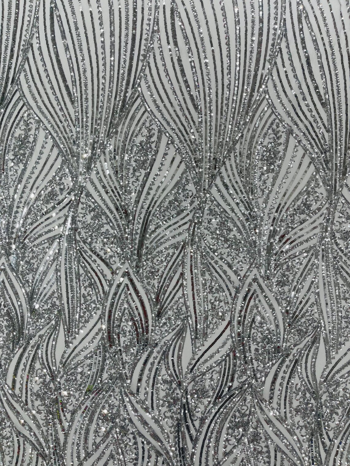 Curvy Line Design Fabric - Silver - 4 Way Stretch Sequins Design Mesh Lace Fabric by Yard