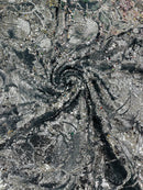 Orchid Design Sequins - Silver - 4 Way Stretch Full Sequins Floral Design Mesh Fabric By Yard