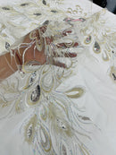 Peacock Feathers Lace Fabric - Silver - Peacock Feather Design on Lace Mesh Fabric Sold by Panel