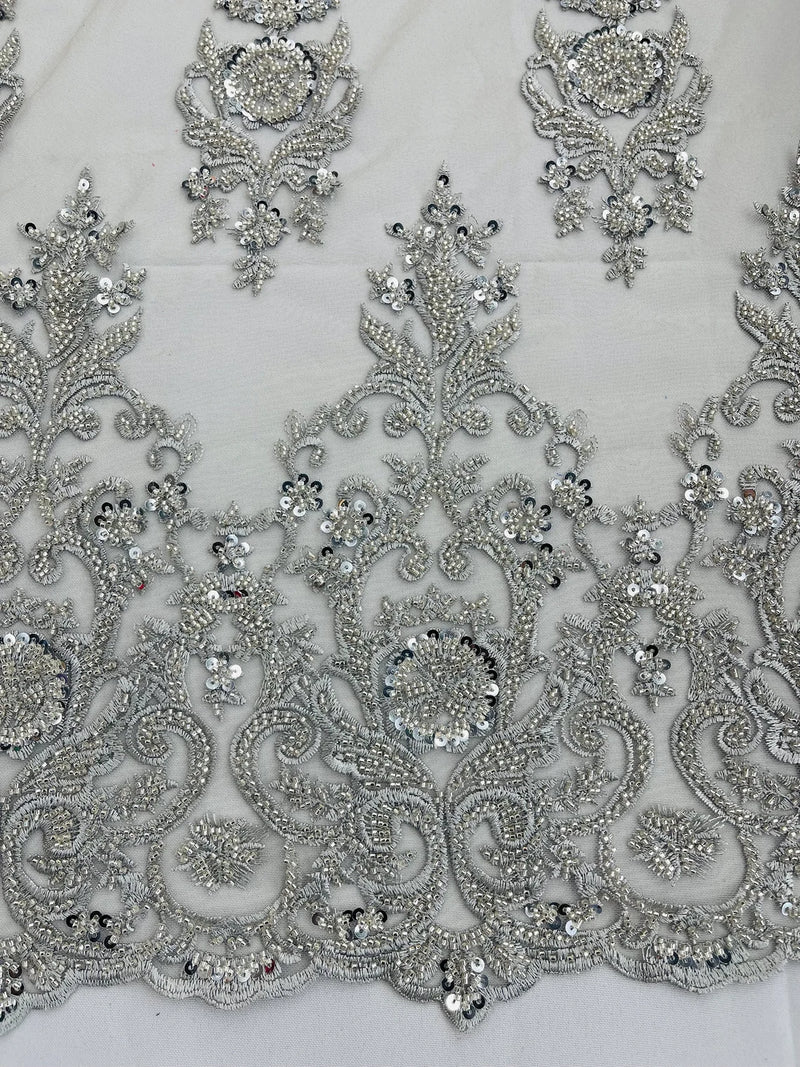 Floral Bead Embroidery Fabric - Silver - Damask Floral Bead Bridal Lace Fabric by the yard
