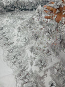 3D Big Flower Glitter Fabric - Silver - Floral Glitter Sequin Design on Lace Mesh Fabric by Yard
