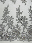 Beaded Rose Flower Fabric - Silver - Embroidered Beaded Long Border Floral Fabric By Yard