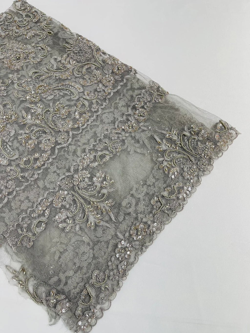 Beaded My Lady Damask Design - Silver - Beaded Fancy Damask Embroidered Fabric By Yard