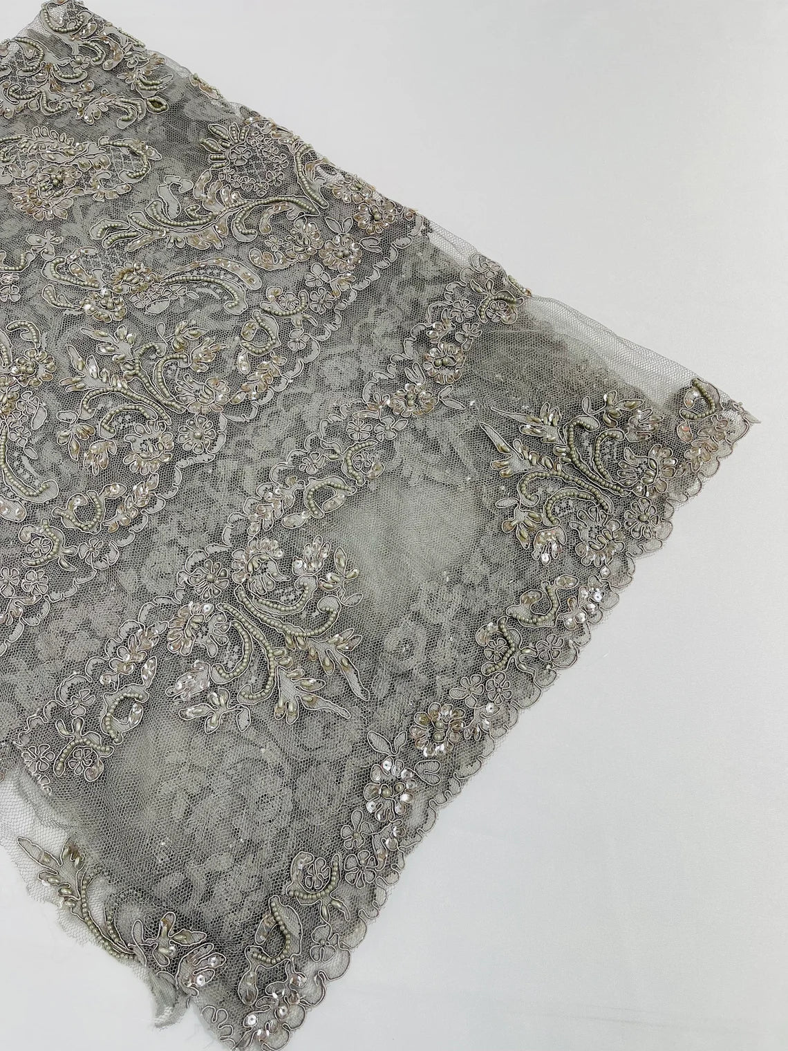 Beaded My Lady Damask Design - Silver - Beaded Fancy Damask Embroidered Fabric By Yard