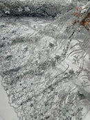 3D Glitter Floral Design Fabric - Silver - Floral Line Design Embroidered Sequins Fabric by Yard