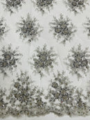 Beaded Flower Cluster Fabric - Silver - Beaded Floral Gaviota Design Embroidered On Mesh Sold By Yard