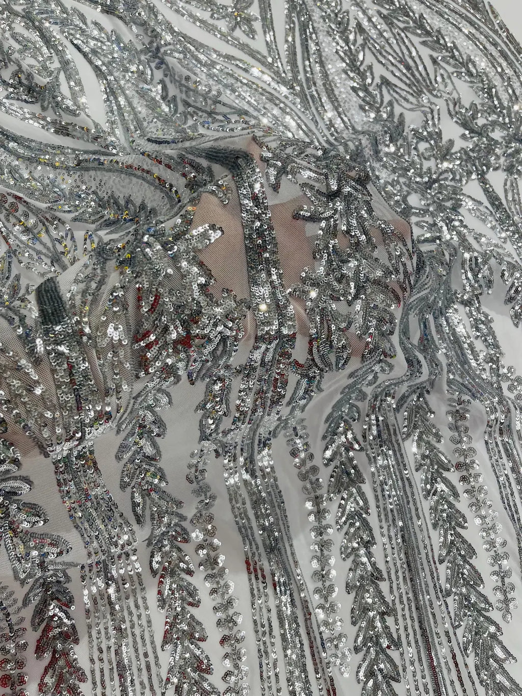 Mermaid Design Sequins Fabric - Silver - Sequins Fabric 4 Way Stretch on Mesh By Yard