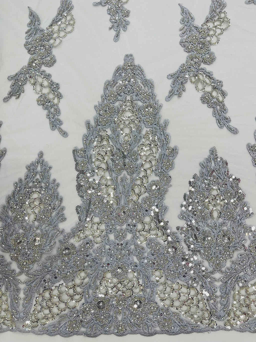 Heavy Bead Floral Fabric - Silver - Beaded Flower Design Fabric Fancy Border By Yard