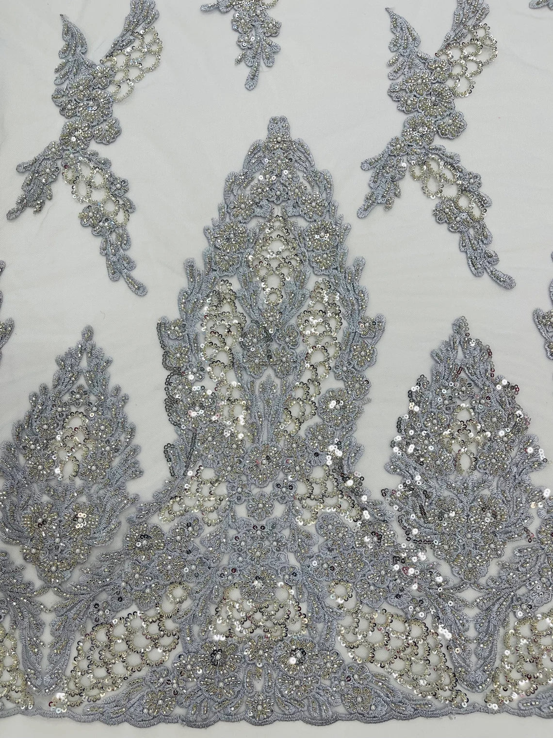 Heavy Bead Floral Fabric - Silver - Beaded Flower Design Fabric Fancy Border By Yard