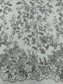 3D Flower Glitter Fabric - Silver - Floral Glitter Sequin Design on Lace Mesh Fabric by Yard