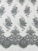 Floral Damask Lace Fabric - Silver - Embroidered Damask Flowers on Lace Fabric By Yard