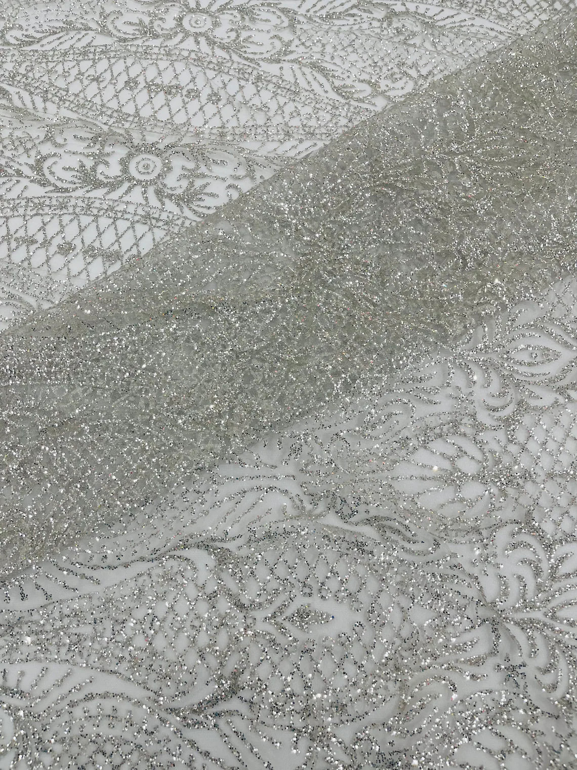 Mermaid Glitter Design - Silver - Tulle Mesh with Mermaid Tail Glitter Design Sold By Yard