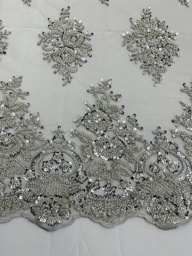 Heavy Beaded Floral Fabric - Silver - Luxury Heavy Duty Bead Bridal Floral Cluster Lace Fabric by the yard