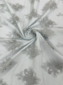 Metallic Corded Lace - Silver - Paisley Floral Fabric with Metallic Thread on a Mesh Lace By Yard