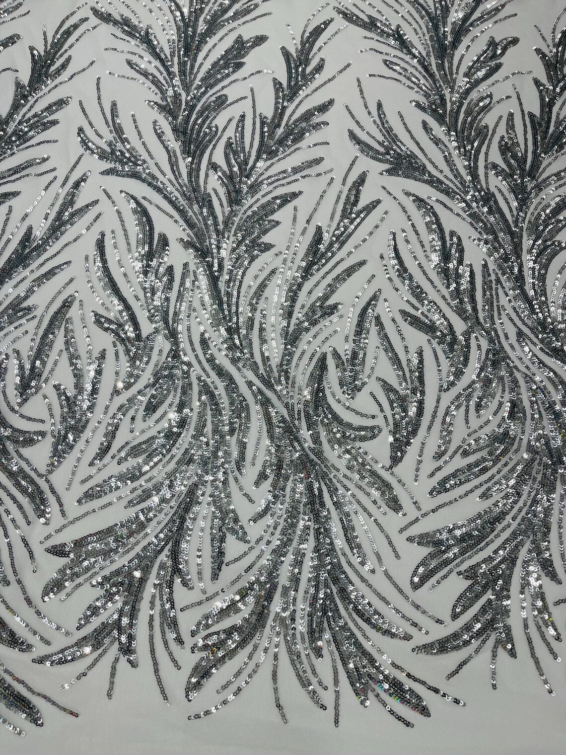 Leaf Design Stretch Sequins - Silver - 4 Way Stretch Lace Mesh Sequins Fabric by Yard